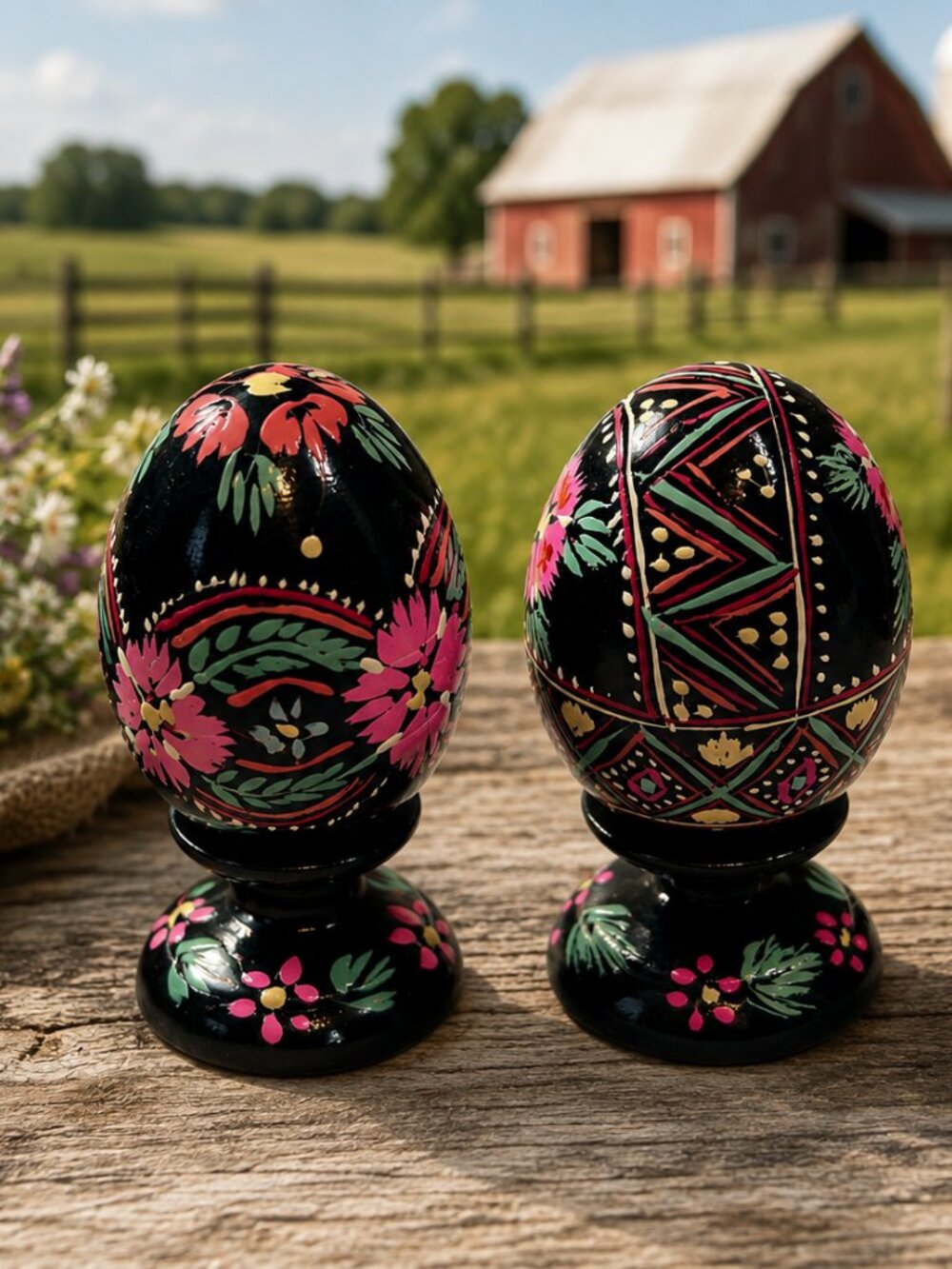 EE-05--Vintage Hand-Painted Wooden Easter Eggs Set of 2 Folk Art Floral - Picture 2 of 7